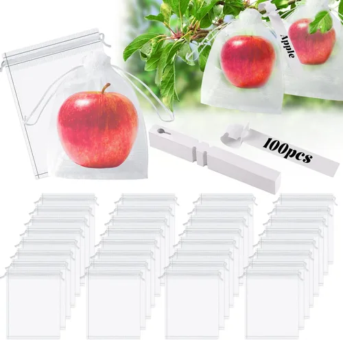 100 bolsas de protección de frutas, 6 x 8 pulgadas, bolsas blancas de malla para frutas con 100 etiquetas de plantas, cordón de malla, protectores