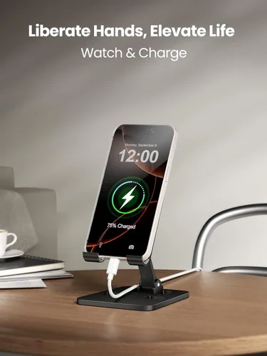 Miniatura 7 de Soporte de teléfono para escritorio, soporte plegable doble para teléfono celular, soporte portátil totalmente ajustable para iPhone 17, 16, 15, 14