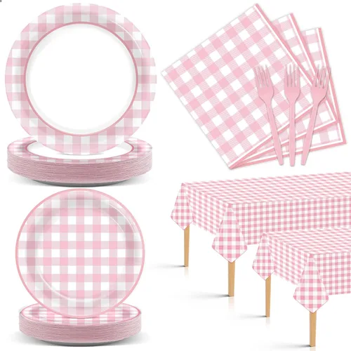 98 piezas de suministros de fiesta a cuadros rosa para 24 invitados, juego de vajilla a cuadros rosa y blanco, platos a cuadros, servilletas,