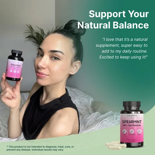 Miniatura 5 de VINATURA Spearmint Cápsulas Suplemento – Extracto de hoja de menta verde mejorado con DIM y Saw Palmetto, para cabello no deseado, salud y piel