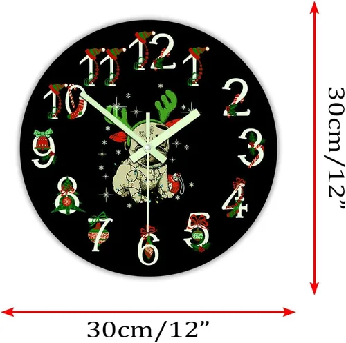 Miniatura 8 de The Geeky Days Reloj que brilla en la oscuridad, adorno de Navidad Pug funciona con pilas, reloj de pared luminoso de cuarzo silencioso con diseño