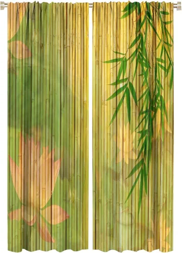 Miniatura 41 de Cortinas con estampado de bambú, tallos y hojas de bambú, temática oriental natural, oscurecimiento de habitación, ventana, ventana, cortina