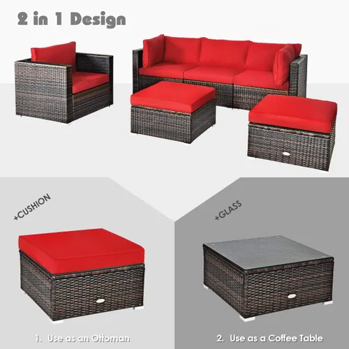 Miniatura 7 de HAPPYGRILL Juego de muebles de mimbre de ratán para exteriores, juego de sofá modular de mimbre con cojines suaves, mesa de café, otomana para patio