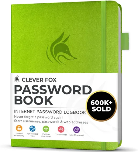 Clever Fox Cuaderno para contraseñas con pestañas alfabéticas. Organizador de direcciones de Internet. Pequeño cuaderno de contraseñas de bolsillo