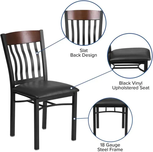Miniatura 6 de Flash Furniture Eclipse Series Silla de restaurante con respaldo vertical de metal negro y madera de nogal con asiento de vinilo negro