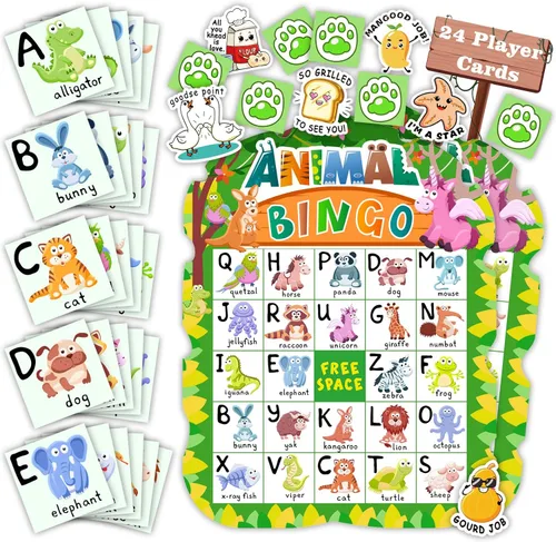 Juego de bingo de animales para niños y adultos, familia, tarjetas de bingo de animales, reconocimiento de letras, juego de fiesta de safari en la