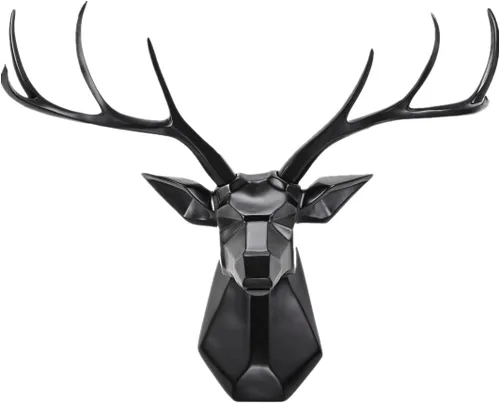 YJ Home Decoración de pared con cabeza de ciervo, negro, 23.3 pulgadas de ancho x 21.3 pulgadas de alto | Taxidermia sintética, diseño geométrico,