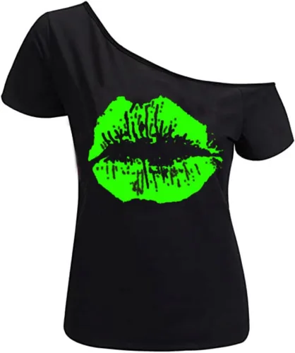 Miniatura 39 de MAGICMK - Camiseta casual para mujer, con estampado de labios y hombro descubierto, talla extragrande