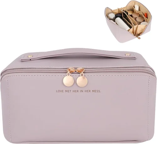 Miniatura 12 de 3 bolsas de maquillaje de viaje portátiles de gran capacidad para mujeres, estuche organizador de maquillaje plano abierto, bolsa organizadora