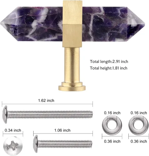 Miniatura 2 de 2 pomos hexagonales de cristal amatista para cajones con tornillos, barra en T, tiradores de piedra de latón cepillado para gabinete, cocina