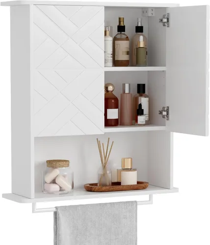 Miniatura 7 de GAOMON Botiquín con dos puertas, armario de almacenamiento de madera para baño montado en la pared con estante ajustable y toallero, gabinete de 2