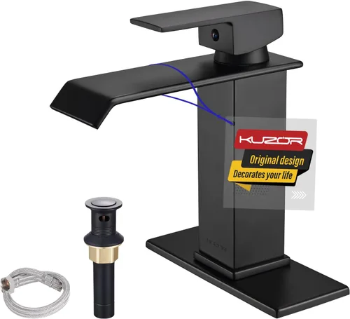 Grifo de baño de cascada negro mate – Grifo de fregadero de acero inoxidable 304 de un solo orificio con drenaje desplegable de metal, diseño de