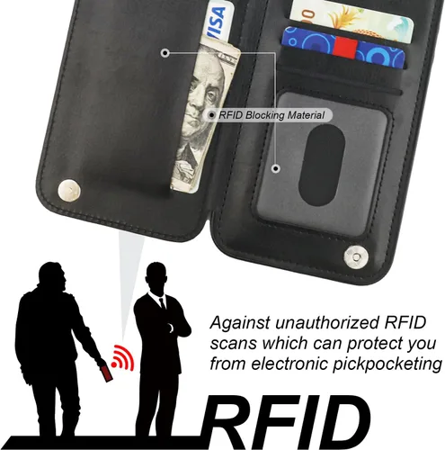 Miniatura 6 de ONETOP Funda tipo cartera para iPhone 15 Pro Max con soporte para tarjetas, anillo de rotación de 360°, función atril, bloqueo RFID, piel sintética