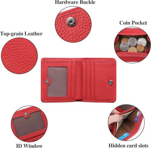 Miniatura 4 de SENDEFN Monedero de piel auténtica para mujer, tarjetero con bloqueo RFID, Z-Rojo, Monedero pequeño