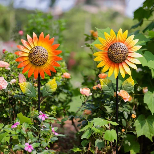 Viveta Paquete de 2 molinillos de viento de girasol de metal para exteriores, escultura de viento decorativa cinética con estaca resistente,