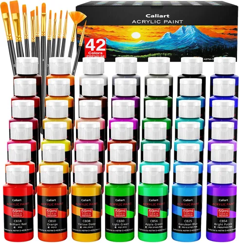 Miniatura 14 de Caliart Juego de pintura acrílica de 24 colores, botellas grandes de 4 onzas / 4.1 fl oz con 12 pinceles, kit de pintura artesanal para adultos
