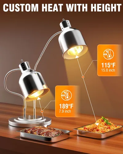 Miniatura 4 de PYY Lámpara de calor de alimentos – Lámpara de calor comercial de doble cabezal para alimentos con bombillas ETL, luz de calentamiento de alimentos
