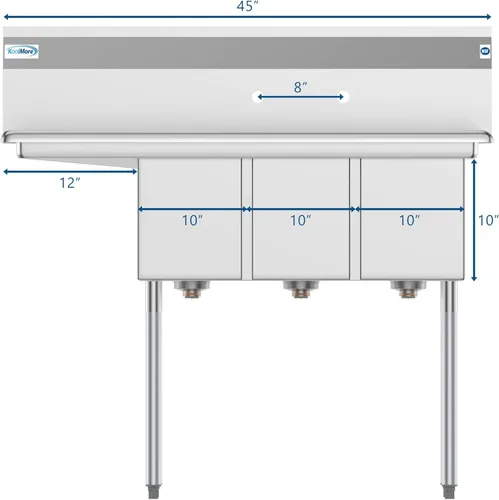 Miniatura 5 de KoolMore - SC101410-12L3 Fregadero de cocina comercial de acero inoxidable NSF de 3 compartimentos con 1 escurridor - Tamaño del tazón 10 pulgadas x