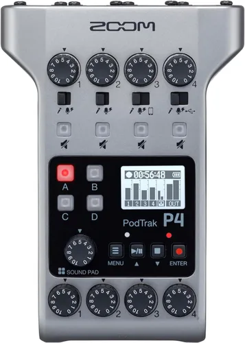 Zoom PodTrak P4 - Grabadora de Podcast, Alimentación por batería, 4 entradas de micrófono, 4 salidas de auriculares, entrada de teléfono,
