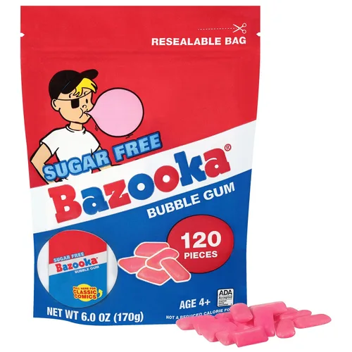 Bazooka Chicle de goma de mascar sin azúcar, goma de mascar a granel en bolsa resellable, 120 unidades en sabor rosa original, a granel sin azúcar,