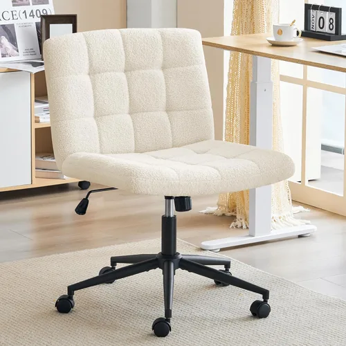 Furnimart Silla giratoria con patas cruzadas con ruedas para oficina en casa, silla de escritorio ancha sin brazos altura ajustable asiento cómodo