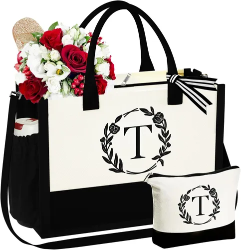 Miniatura 19 de YOOLIFE Bolsa de lona con inicial, bolsa de playa, bolsa de maquillaje con cremallera, regalos personalizados para madres, amigas, regalos