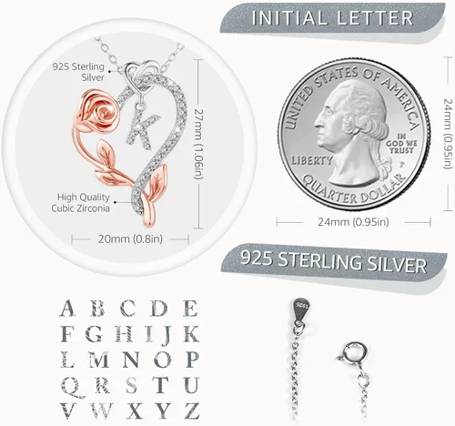 Miniatura 3 de SNZM Initial Necklaces for Women-925 Sterling Silver Rose Heart Letter Pendant Necklace with 5A Cubic Zirconia Dainty Jewelry Birthday Valentines