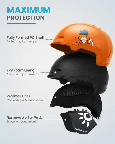 Miniatura 2 de OutdoorMaster - Juego de casco y gafas de esquí para niños, casco de snowboard, carcasa de PC duradera y espuma EPS, casco de nieve con 12 Naranja