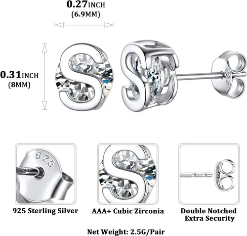 Miniatura 5 de ChicSilver Aretes pequeños con inicial para mujer, plata de ley 925 con circonita cúbica, hipoalergénicos (con caja de regalo)