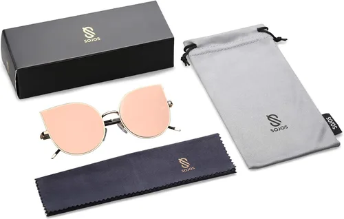 Miniatura 6 de SojoS SJ1022 anteojos de sol con lentes lisos y espejados con forma de ojos de gato, con marco de metal liviano y ultradelgado, para mujer