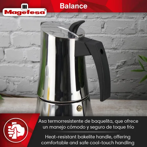 Miniatura 5 de Magefesa Balance - Cafetera de café expreso de acero inoxidable de 6 tazas, cafetera italiana clásica con mango y perilla de baquelita, cafetera