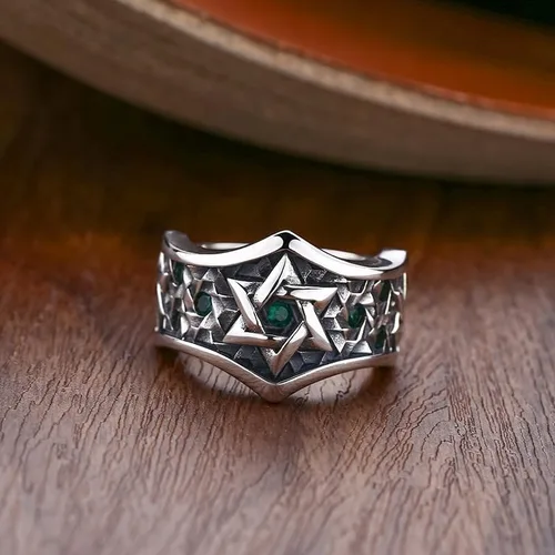 Miniatura 4 de Anillo vintage de plata de ley 925 con estrella de David judía con circonita cúbica para hombres y niños abierto ajustable, Metal, Zirconia cúbica