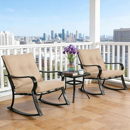 Miniatura 6 de SUNCROWN Juego de 3 sillas mecedoras para exteriores, muebles de acero negro con cojín grueso y mesa de centro con tapa de cristal, color marrón