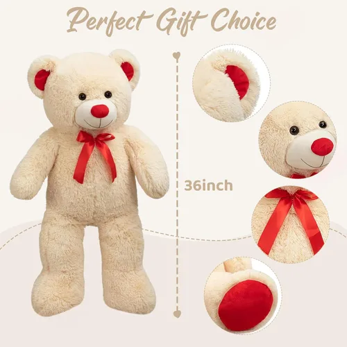 Miniatura 5 de Enorme Oso de Peluche Animal de Peluche Oso de Peluche Gigante con Lazo de Cinta Roja Juguete de Peluche de Día Regalo para Novia y Niños 36 Beige