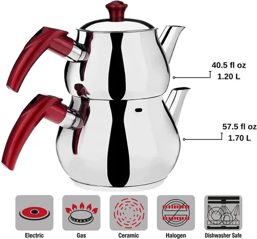 Miniatura 3 de Juego de tetera turca de acero inoxidable para estufa, tetera doble con colador, asas rojas, calentador de agua Samovar para té turco