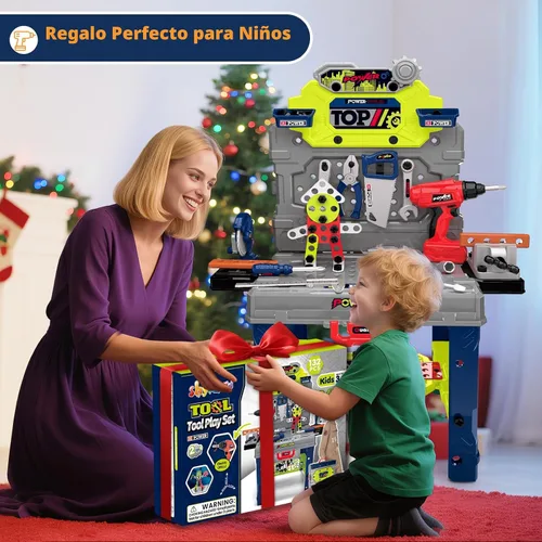 Miniatura 7 de Banco de herramientas para niños con taladradora eléctrica realista, juego de herramientas para niños pequeños de 132 piezas, juguetes de regalo