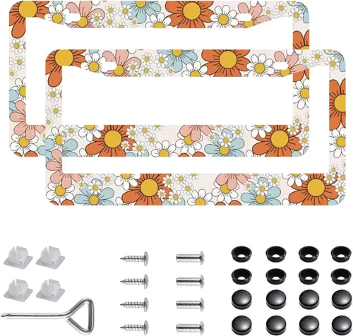 Paquete de 2 marcos para placa de automóvil de acero inoxidable con tornillos, tapas y destornilladores, para mujeres y niñas, diseño de flores de 7
