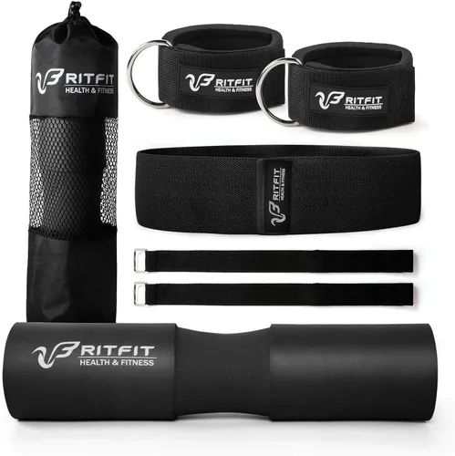 RitFit 7 Pcs Barbell Squat Pad Set, with Resistance Band, 2 Safety Straps, 2 Gym Ankle Straps & Carry Bag, Upgraded Neck & Shoulder Protective Pad