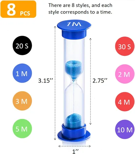 Miniatura 2 de Juego de 8 relojes de arena coloridos para niños, 20 segundos, 30 segundos, 1 minuto, 2 minutos, 3 minutos, 4 minutos, 5 minutos, 10 minutos