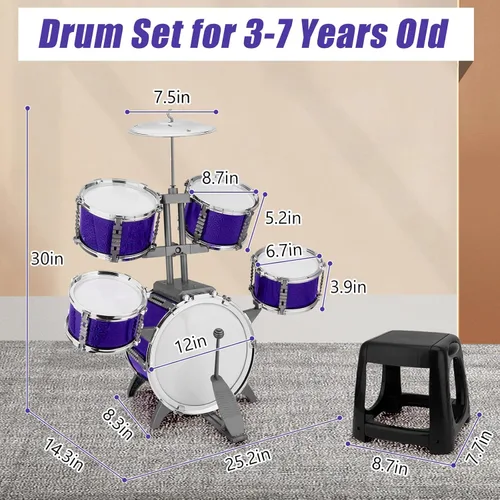 Miniatura 7 de Conjunto de Batería de Jazz para Niños Kit de Rock Juguetes para Niños de 3 a 7 Años - 5 Piezas Conjunto de Banda Musical para Niños Pequeños