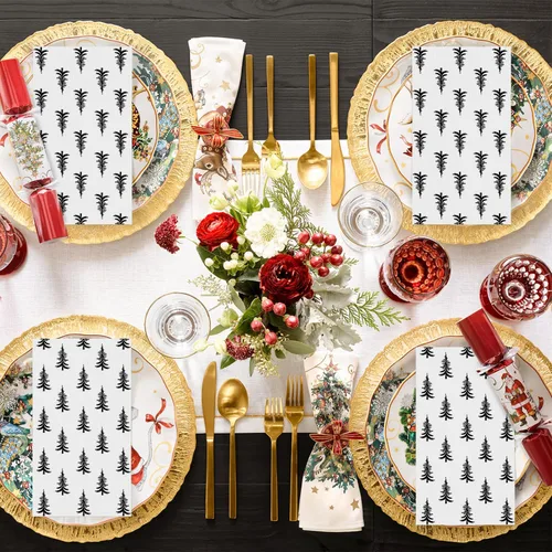 Miniatura 5 de Horaldaily 100 Servilletas Desechables de Papel Decorativas de Navidad para Invitados, Toallas de Mano Negras con Árboles de Navidad para Decoración