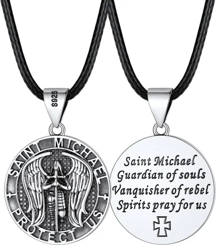 Miniatura 26 de FaithHeart Collar de San Miguel, acero inoxidable, chapado en oro de 18 quilates, amuleto colgante de San Miguel Arcángel para hombres y mujeres