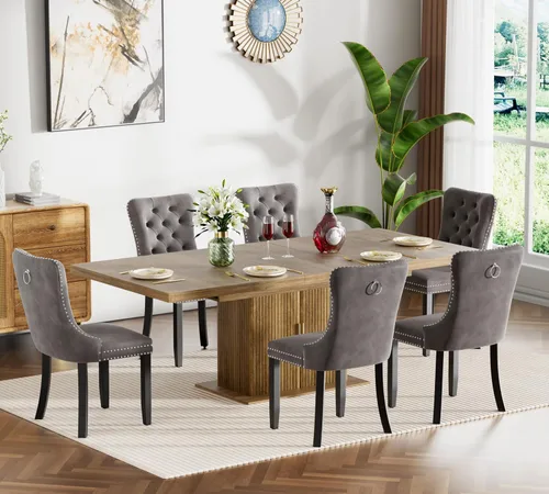 Miniatura 87 de Juego de mesa de comedor extensible de 5 piezas, juego de mesa de comedor extensible de estilo granja para 4, mesa de cocina expandible de madera
