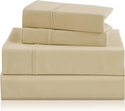 Miniatura 50 de CozySmile Juego de sábanas transpirables y refrescantes, sábanas de lujo de 4 piezas con bolsillo profundo para cama de tamaño matrimonial, se Beige