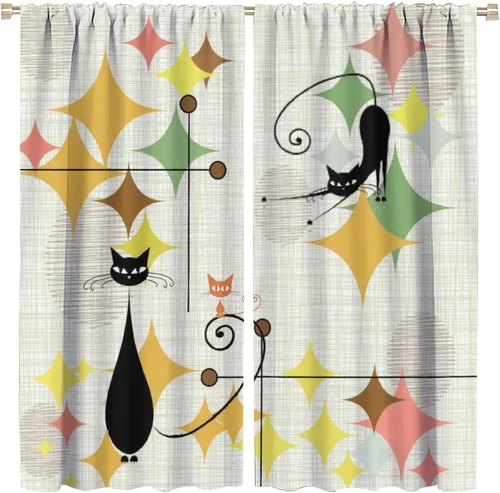 Miniatura 9 de Cortinas de estilo de mediados de siglo, diseño geométrico abstracto moderno, diseño retro, estampado de gato negro, para dormitorio, sala de estar