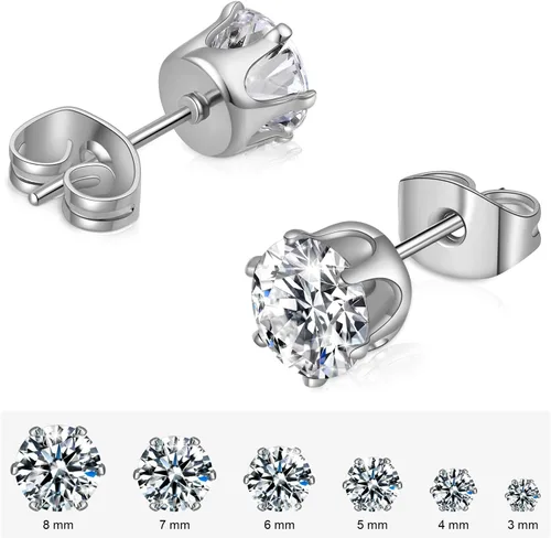 Miniatura 3 de Juego de 6 pares de aretes tipo dormilona de acero inoxidable 316L con circonita cúbica transparente para mujeres y hombres, de 0.315 a 0.3