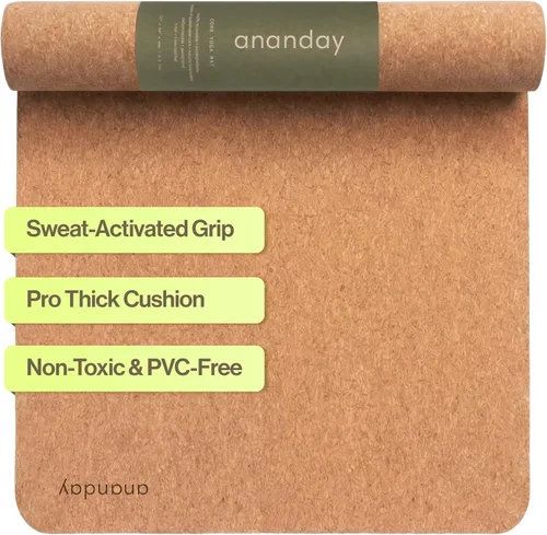 Miniatura 2 de Ananday Esterilla de yoga de corcho de alta calidad, sostenible, no tóxica y sin PVC, antideslizante, perfecta para yoga caliente, pilates