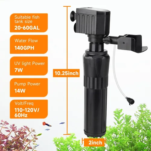 Miniatura 6 de hygger Filtro de acuario U-V para tanque de 20-60 galones, filtro interno sumergible para tanque de peces para agua verde y limpieza de algas, bomba