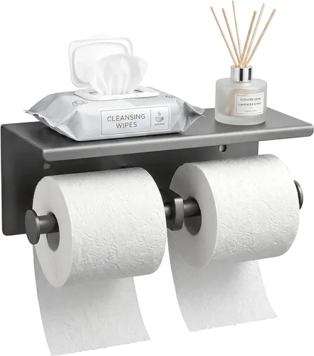 Soporte de papel higiénico doble de acero inoxidable con estante de almacenamiento para teléfono (gris)