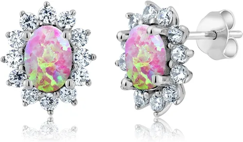 Miniatura 295 de Gem Stone King Aretes ovalados de plata de ley 925 de 0.276 x 0.197 in con piedra natal de la princesa Diana, estilo halo real para mujeres